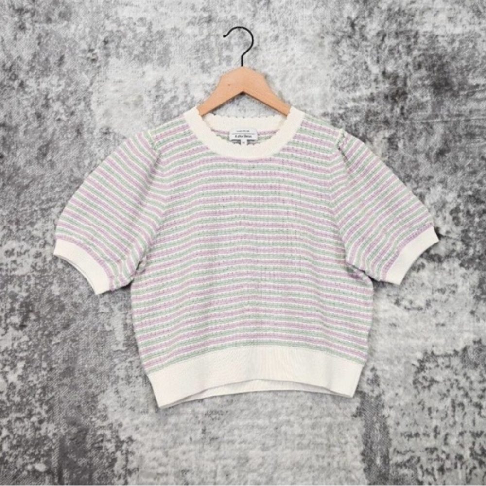 & Other Stories White Striped Knit Short Sleeve Top with Pink and Green